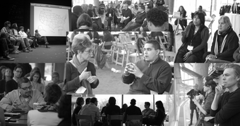 black and white photo array showing various groups of people at a conference